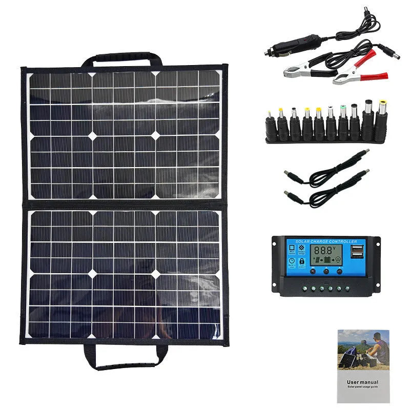 Black folding bag solar panel charger showing 40W monocrystalline design for outdoor use