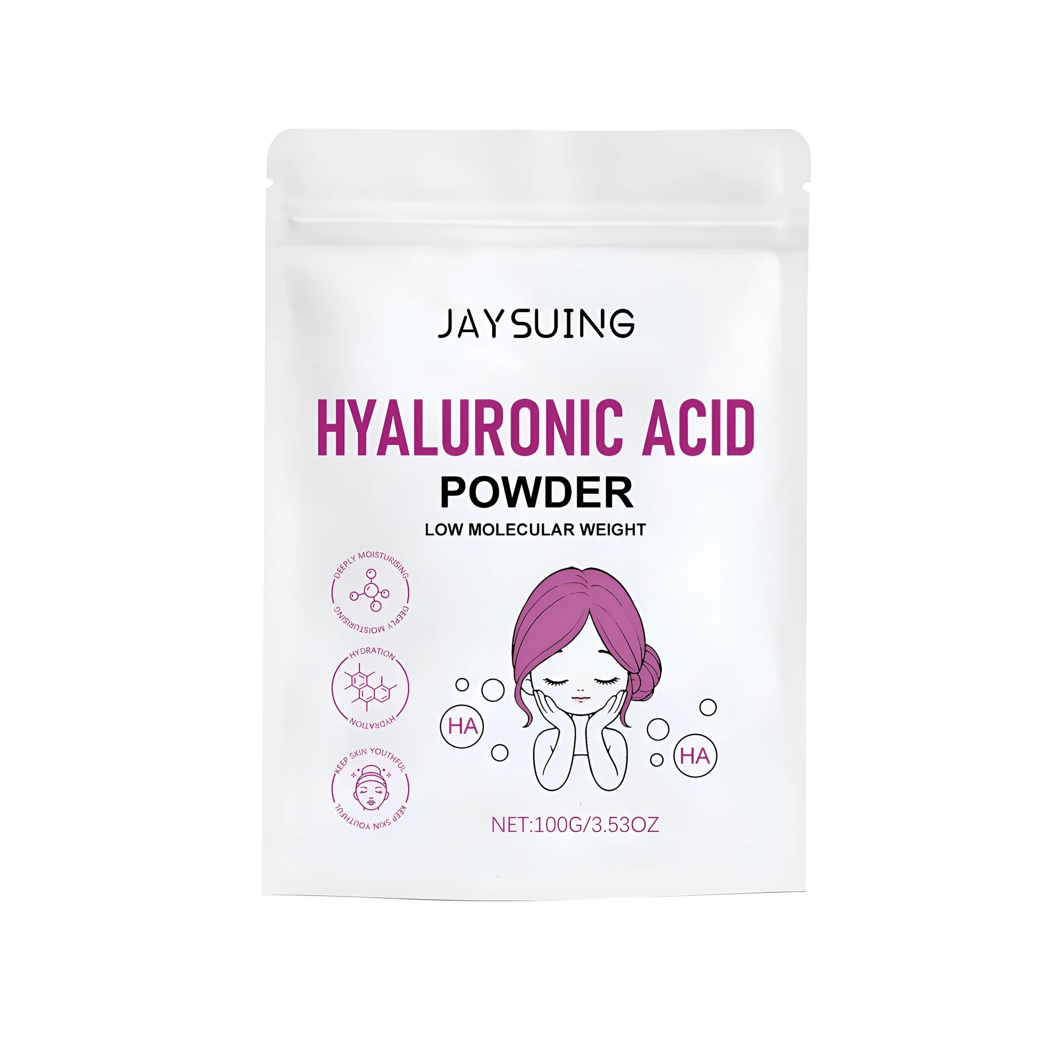 A 100g glass jar containing off-white hyaluronic acid powder for DIY face masks.