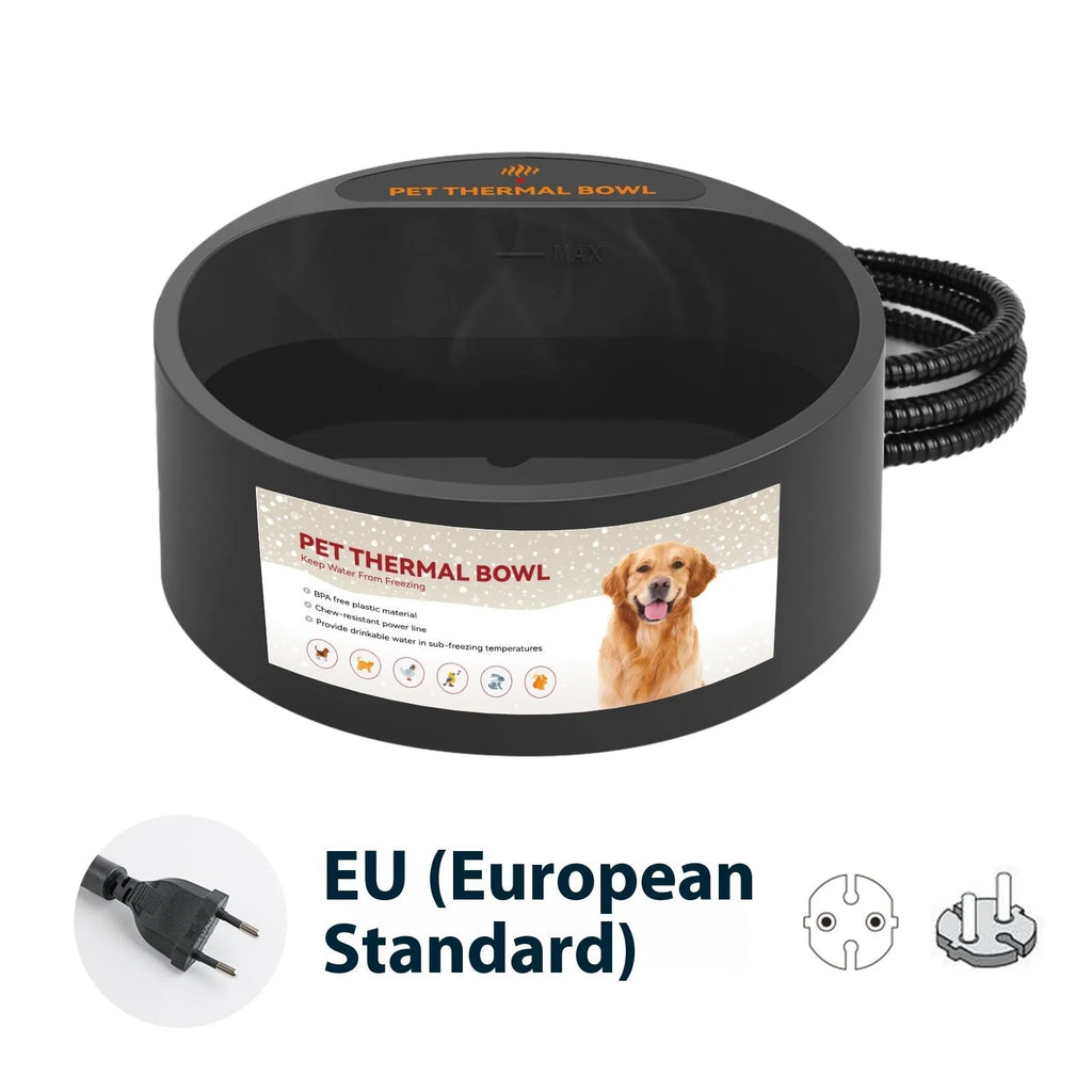 Black ABS plastic electric pet heating bowl for cats and dogs on a table