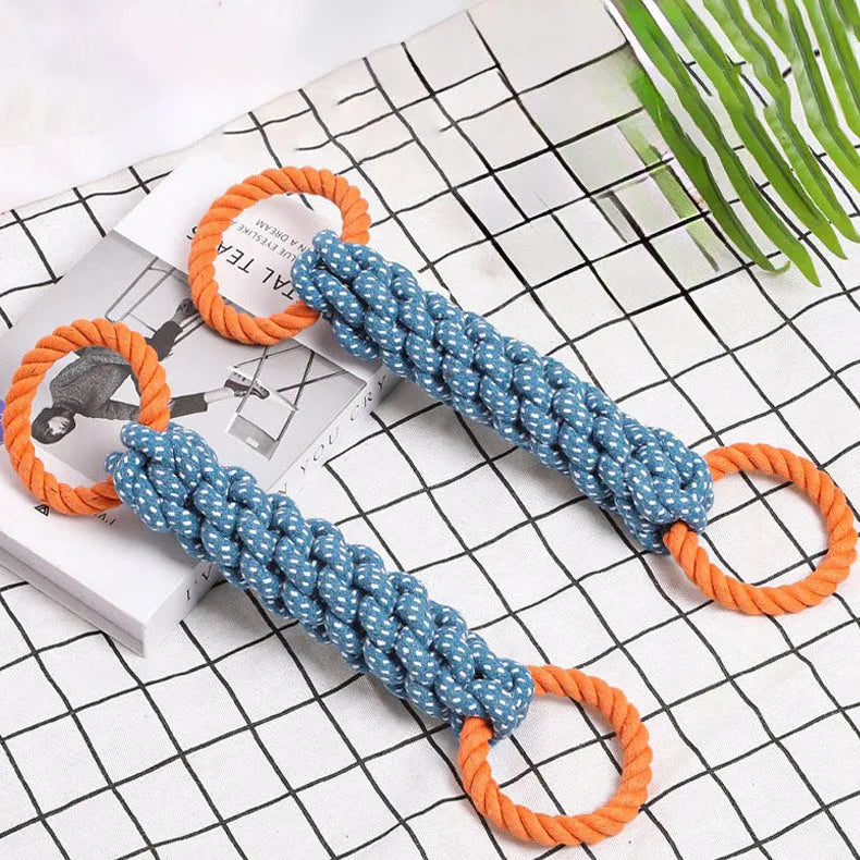 Blue double-ring dog chew toy with braided cotton bone rope measuring 37cm long