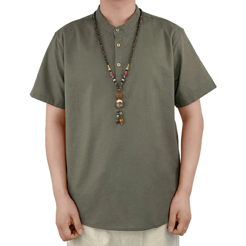 Men's solid colour short sleeve t-shirt in a cotton linen fabric blend on a hanger.