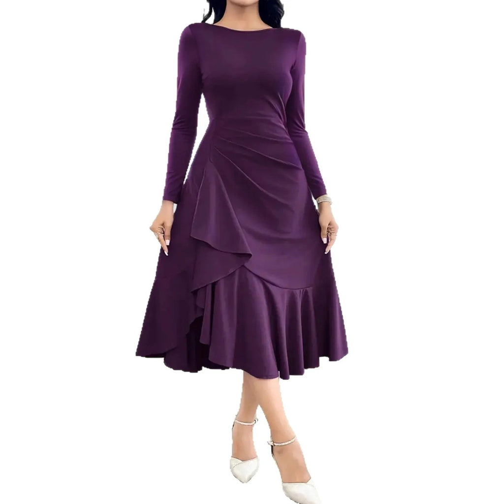 Purple women's long sleeve pullover dress with ruffled detail on a mid waist.