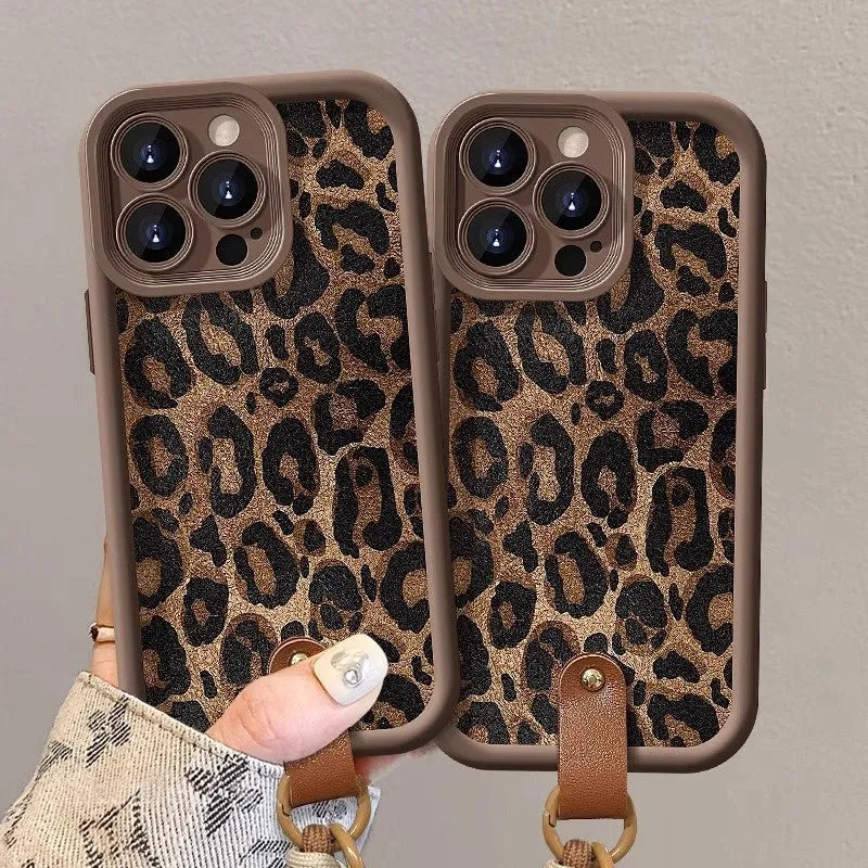 Brown leopard print silicone iPhone case showing the integrated lanyard loop on the corner.