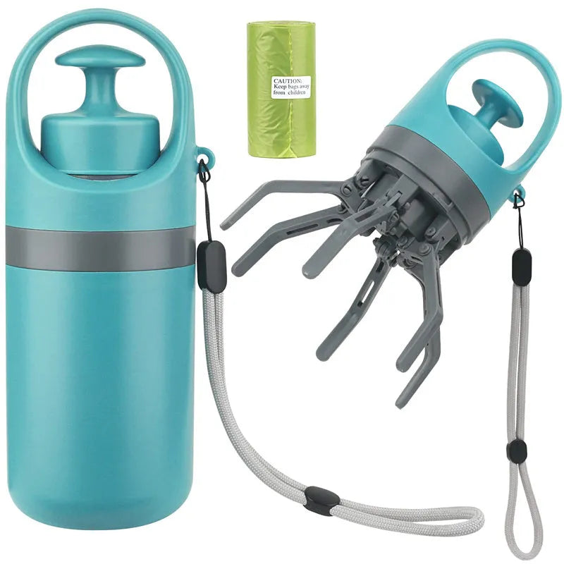 Blue plastic dog pooper scooper with claw mechanism and built-in bag dispenser