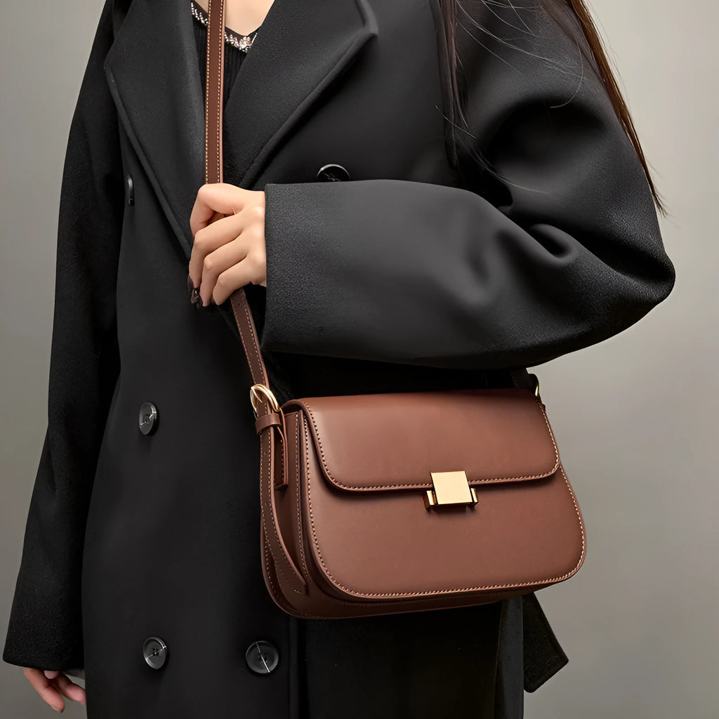 Genuine leather women's crossbody bag with lock, European retro style, apricot colour, horizontal square shape