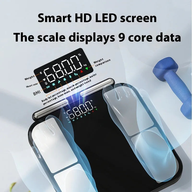 Black electronic weighing scale with tempered glass platform showing body fat percentage on colour screen