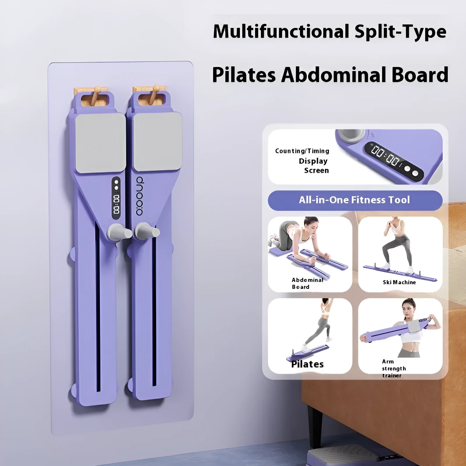 Pink and purple multifunctional split skiing machine trainer, 85 cm long, for home fitness workouts.