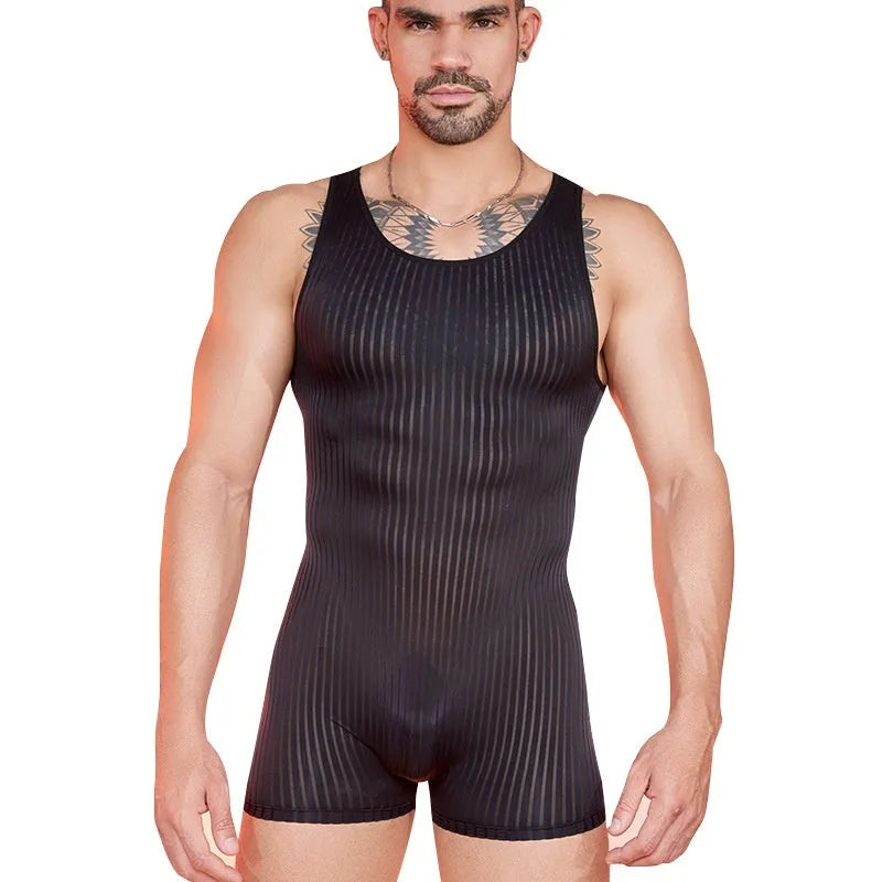 Men's black and white vertically striped lightweight nylon jumpsuit laid flat.