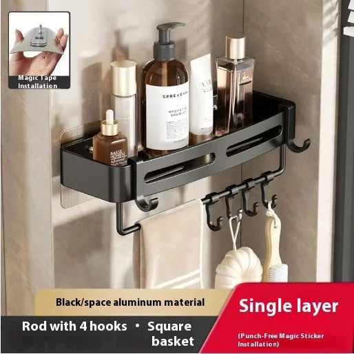Gun grey metal fan-shaped corner bathroom shelf mounted punch-free on a wall, holding bathroom toiletries.