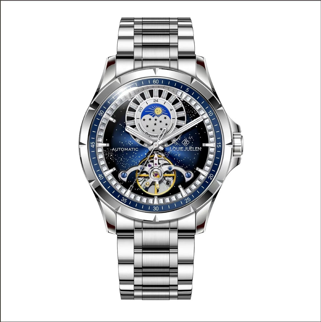 Men's silver alloy automatic watch with blue dial and stainless steel butterfly clasp strap.