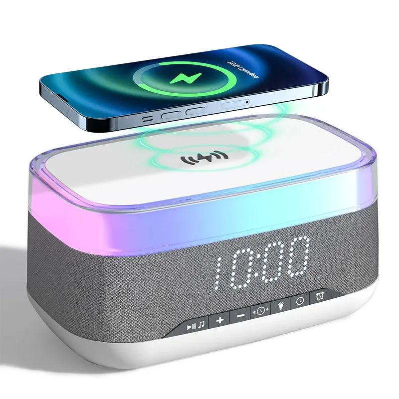 White multifunctional alarm clock with Bluetooth speaker, wireless charging pad, and night light display
