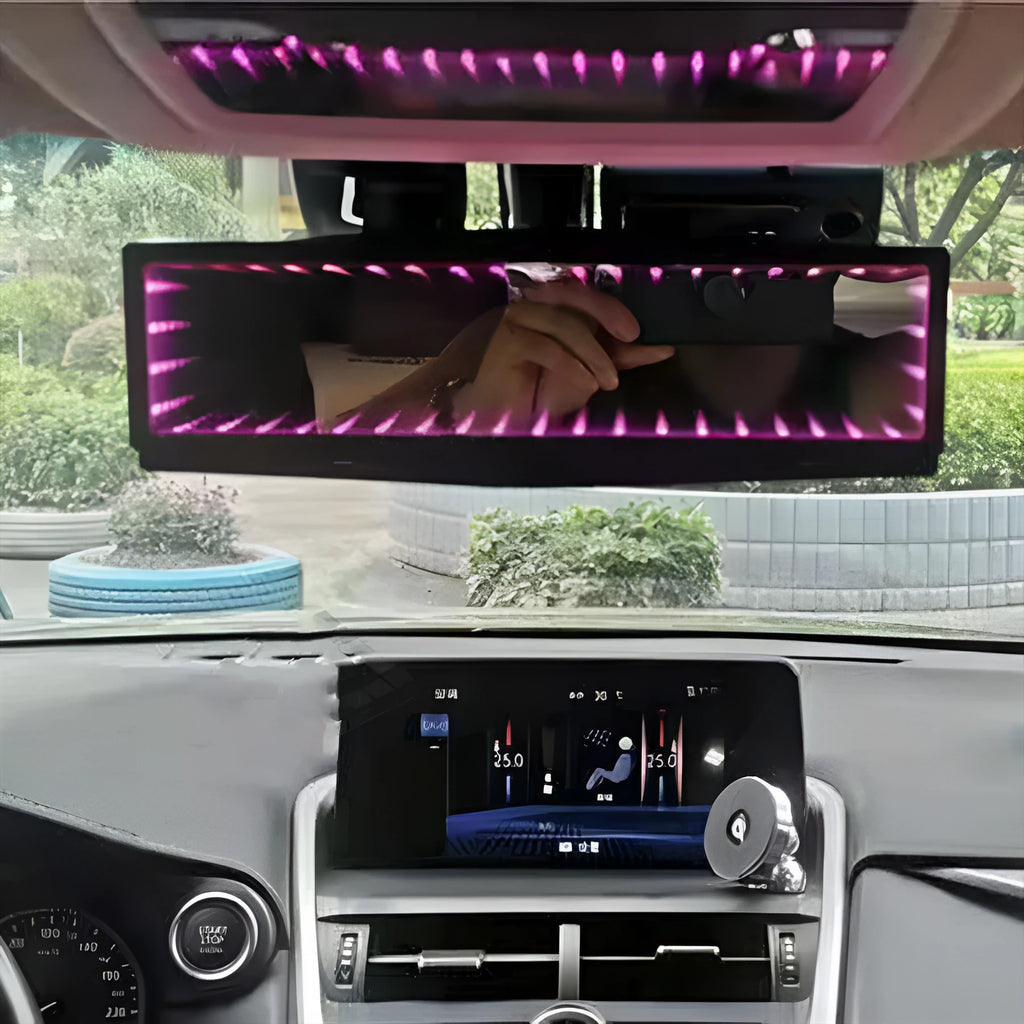 Car rearview mirror replacement with 280mm flat mirror, anti-glare coating, and night lighting in blue, white, red, green or pink colours