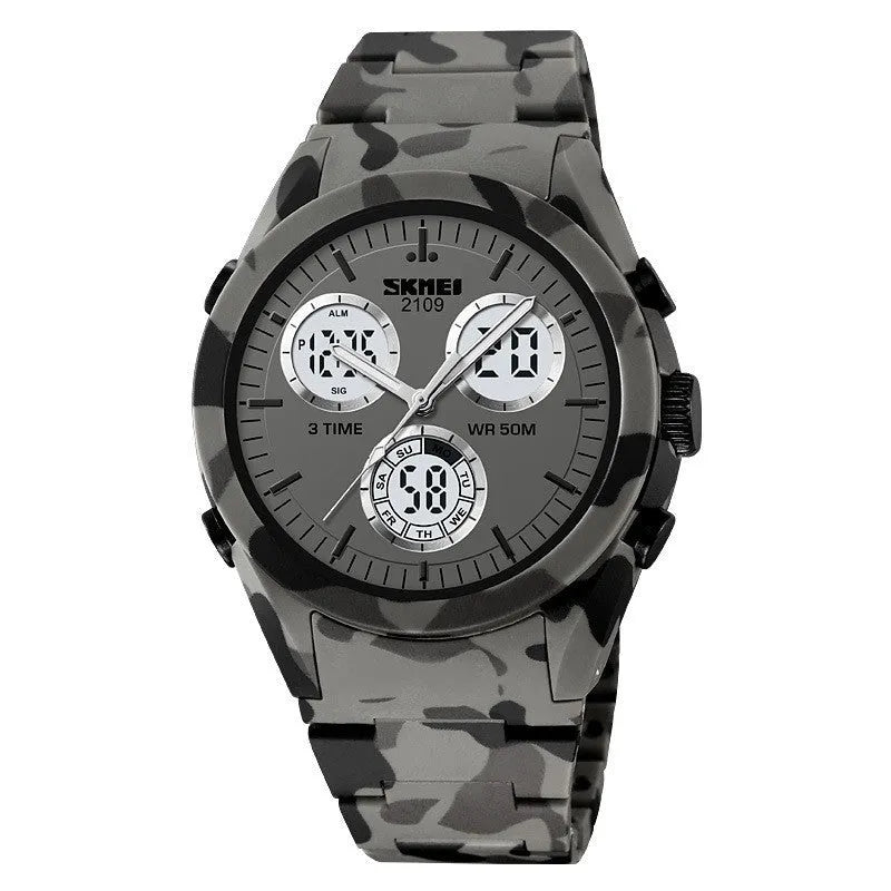 Casual digital watch with a camouflage strap and a digital display, showing 50m waterproof rating.