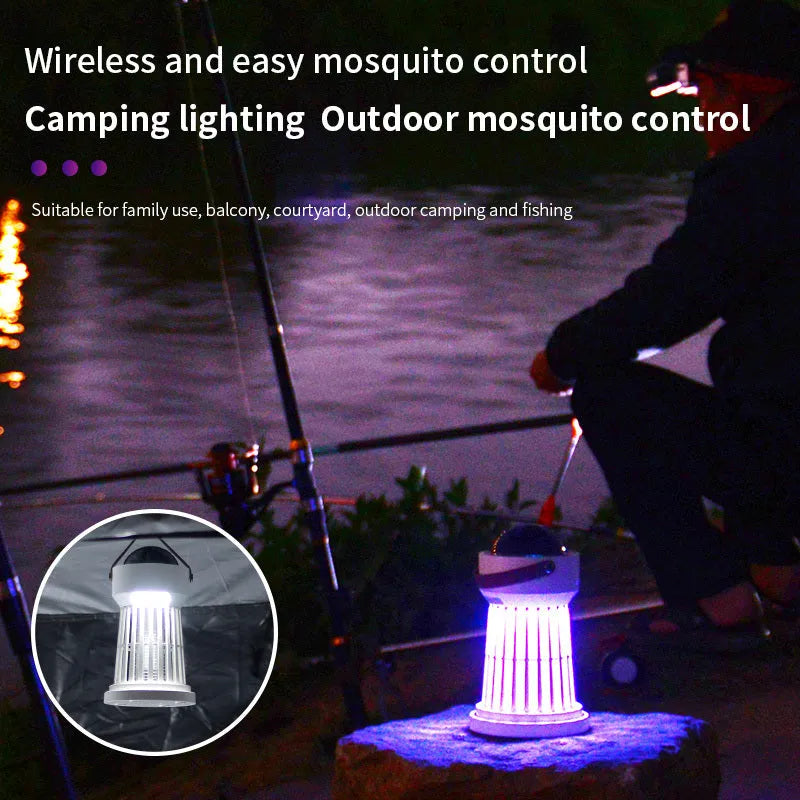 White electric mosquito killer lamp with star projection feature and folding handle for indoor and outdoor use.