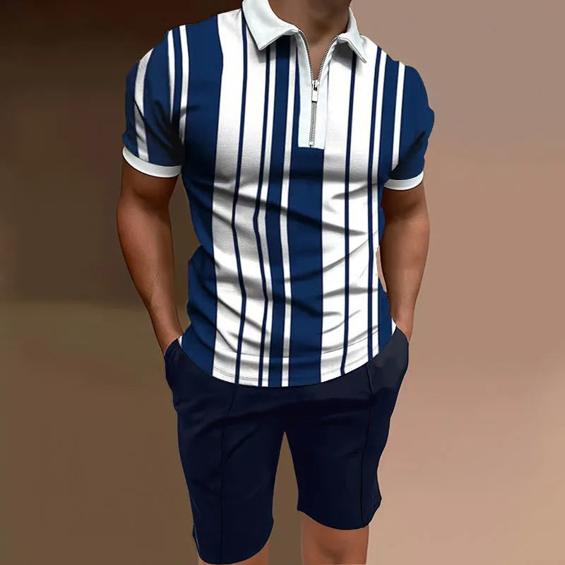 Men's printed polyester short sleeve top and matching shorts two-piece casual set
