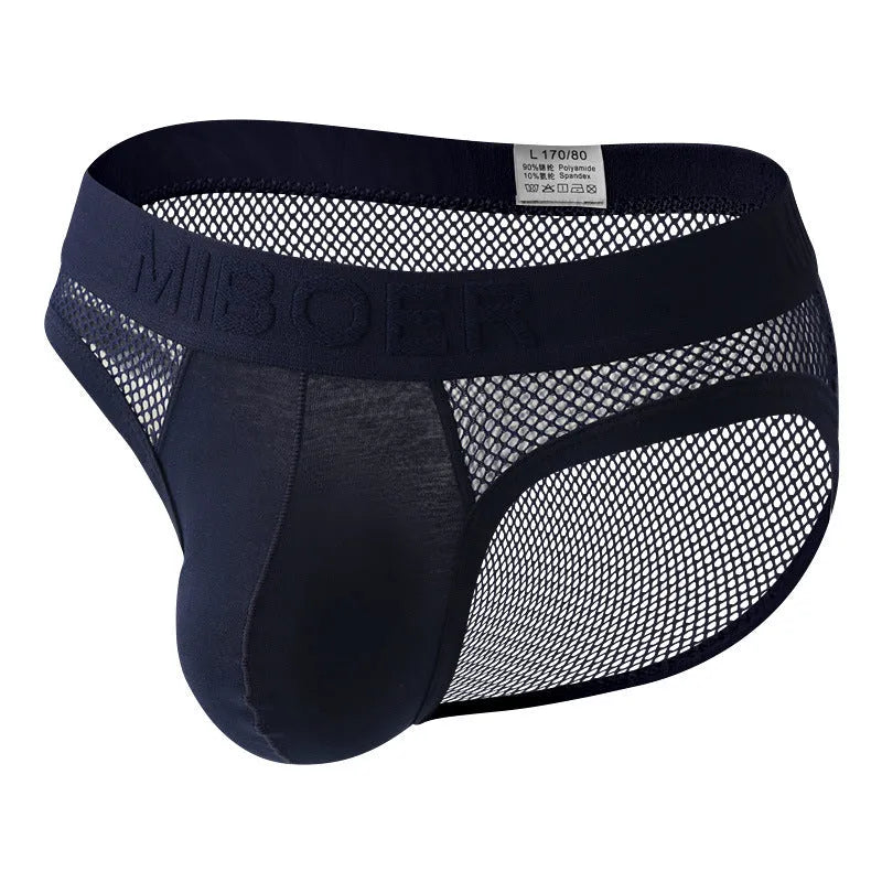 Men's low waist briefs in elastic mesh fabric shown in black, white, pink, blue, and red colours.
