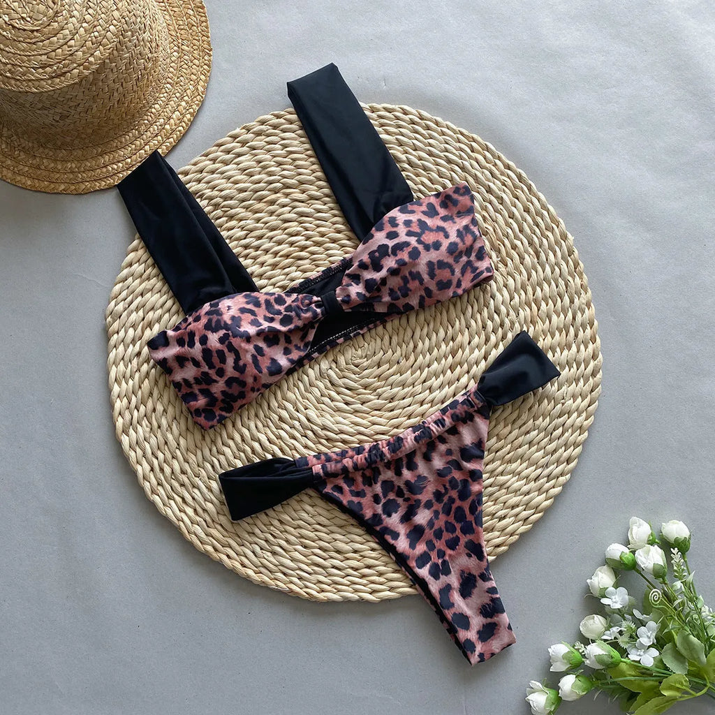 Women's black leopard print bikini swimsuit with tube top and Asian sizing options