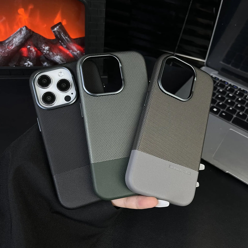 Black magnetic iPhone case with dragon scale texture and leather-like stitching, shown on an iPhone 15 Pro Max.