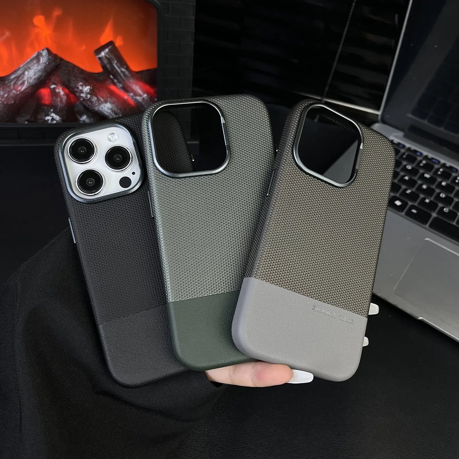 Black magnetic iPhone case with dragon scale texture and leather-like stitching, shown on an iPhone 15 Pro Max.