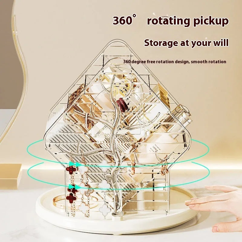 Rotating amber gold cosmetics organiser on a vanity with makeup bottles.