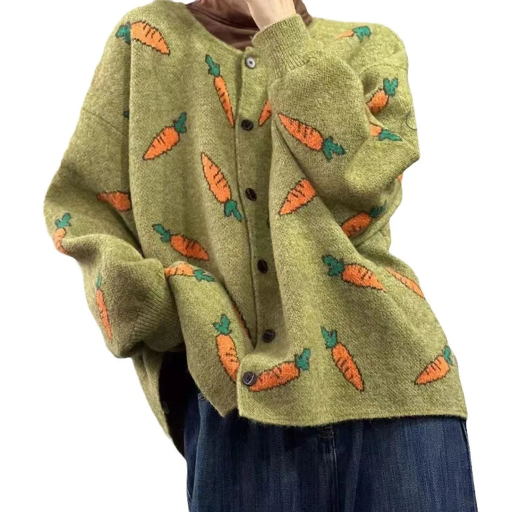 Mori artistic printing cardigan sweater with colour contrast design, loose casual street fashion style