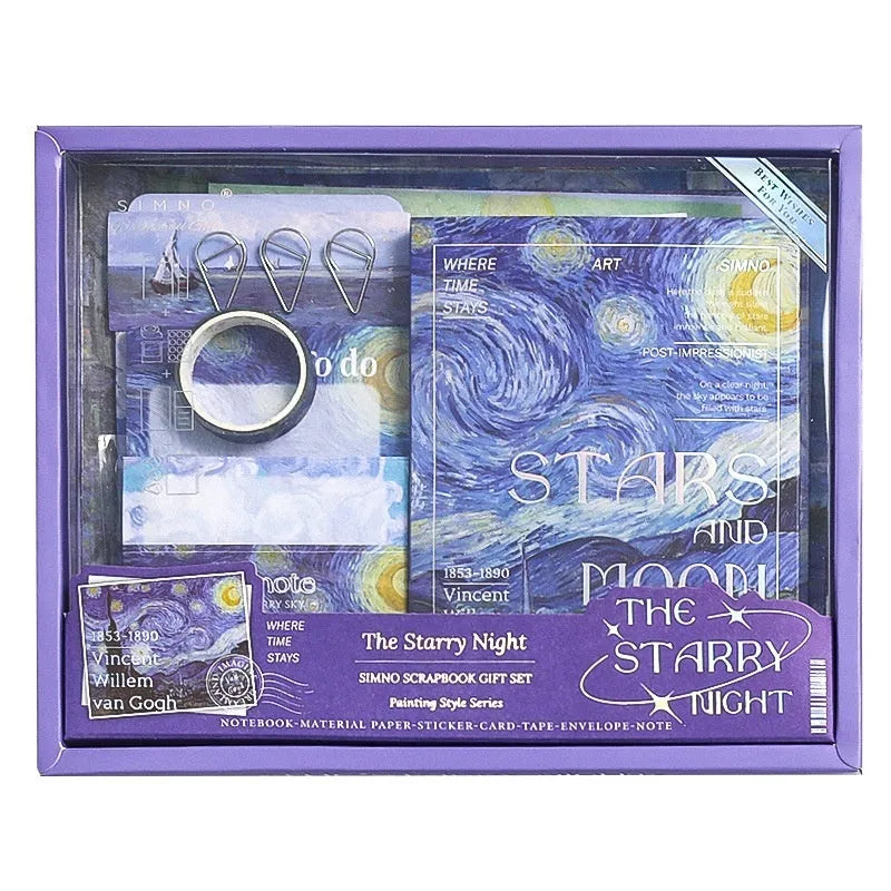 Hand Account Suit creative journal gift box open showing A6 grid notebook, paper stickers, cards, and photo frames.