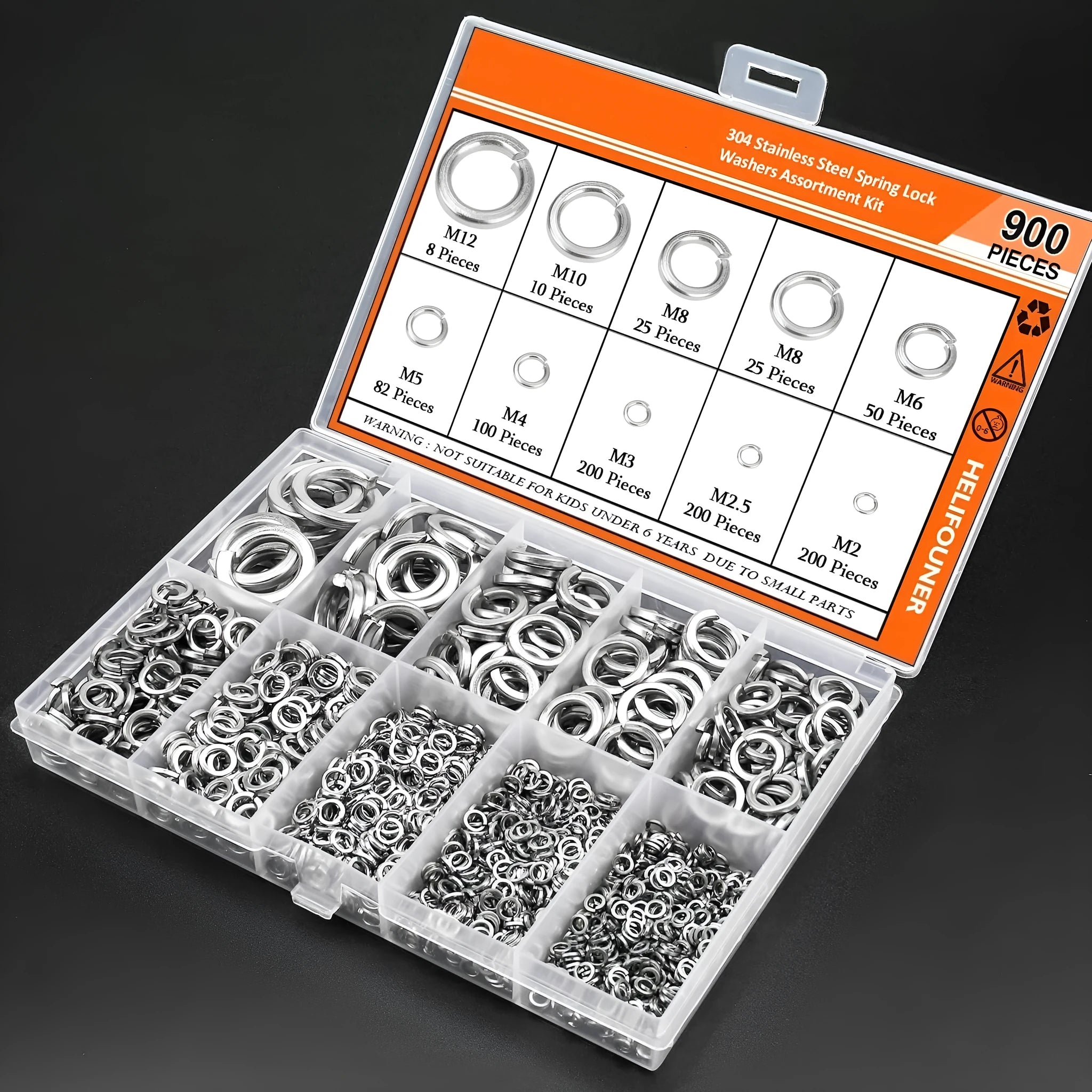 304 stainless steel spring lock washer assortment box with 900 pieces for M2 to M12 bolts