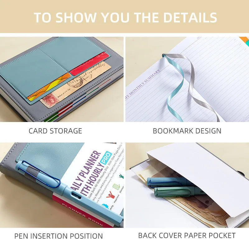 No-date notebook with PU leather cover and strap closure in choice of six colours with optional planning stickers