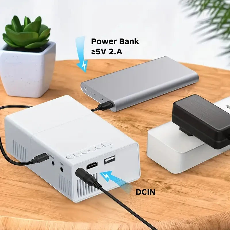 M100 mini home projector in white and black colours showing 100-inch projection size