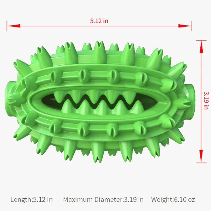 Green cactus-shaped dog chew toy for dental care, shown next to a dog treat.