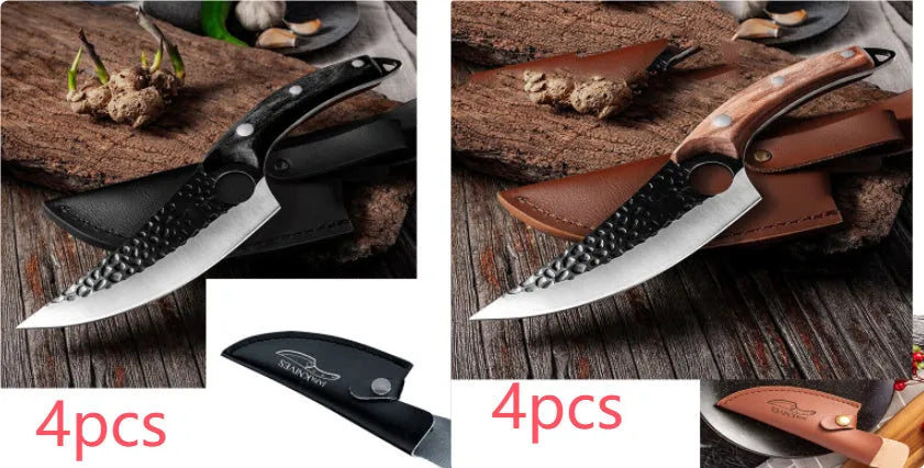 Butcher scimitar knife with curved blade and leather sheath for slaughtering and skinning animals
