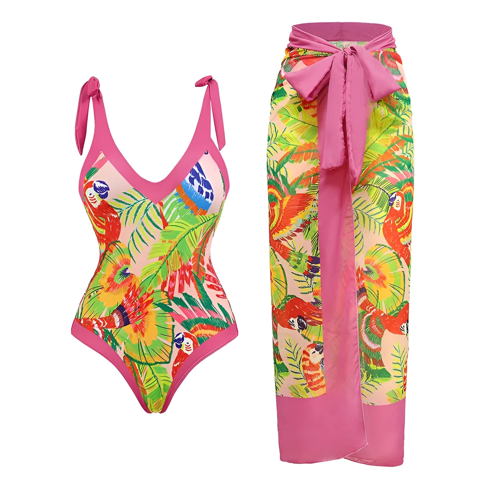 Solid colour women's one-piece swimsuit with thin spaghetti straps and a removable wrap skirt.