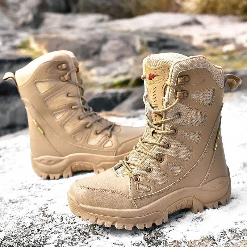 Men's cowhide leather hi-top hiking shoes with platform sole in beige colour