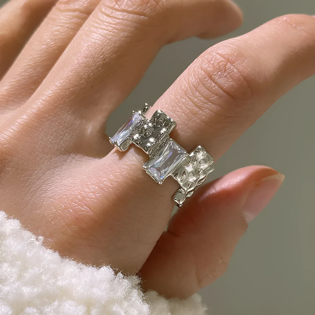 Geometric cross zircon open ring in silver tone with three-dimensional decoration