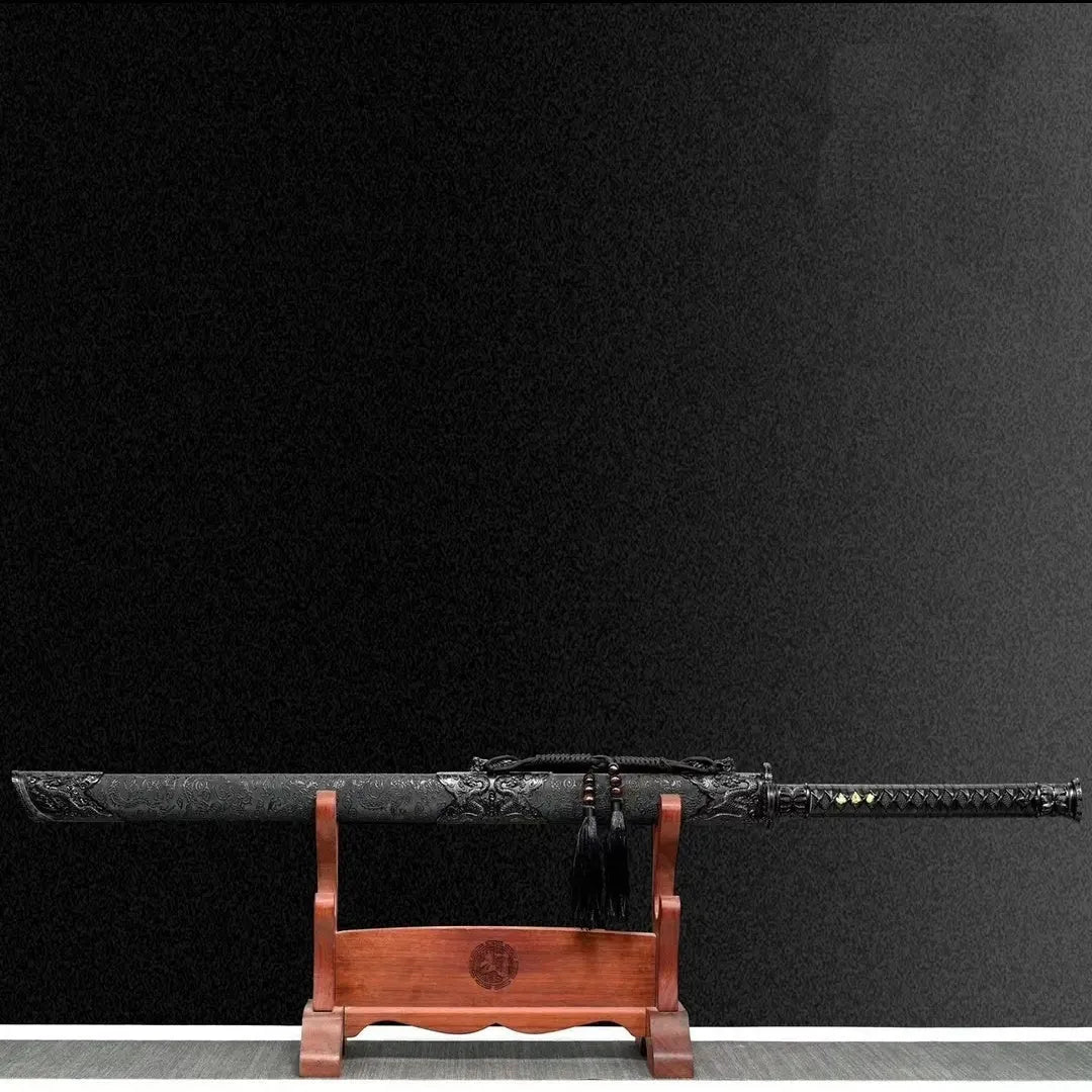 Liuying Tang Dynasty horizontal sword with 115cm overall length, 65 manganese steel blade, and leather-covered wood scabbard