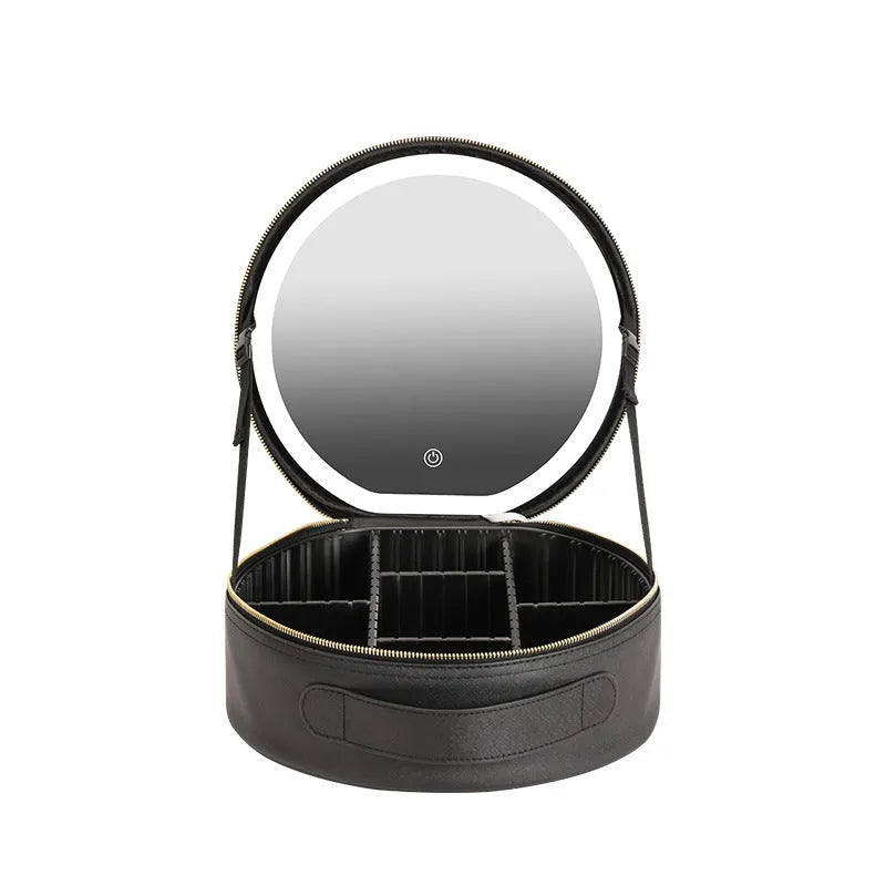 Round cherry blossom pink PU leather makeup bag with a lit LED mirror inside, showing internal partitions.
