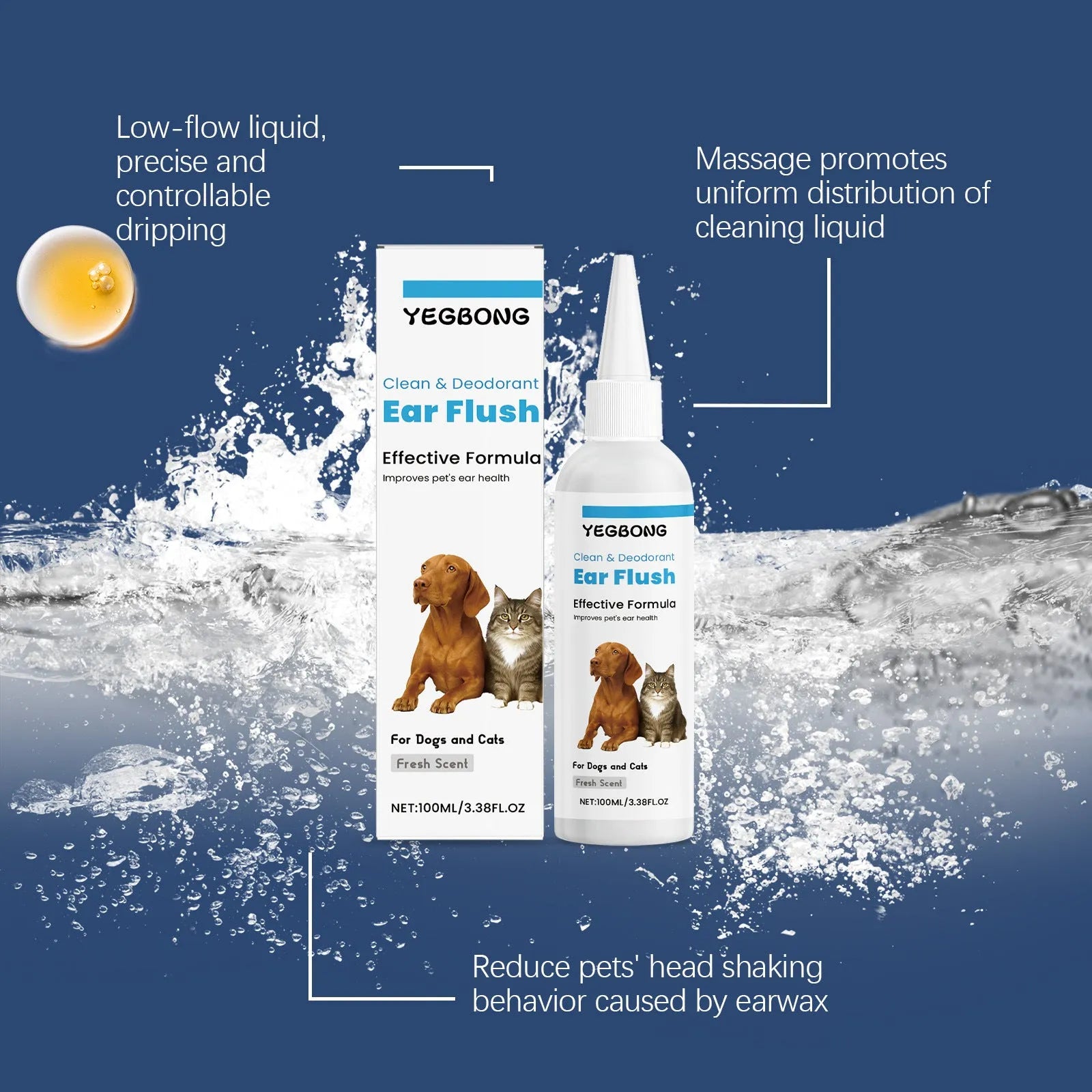 100ml bottle of dog and cat ear cleaner with applicator for gentle ear cleaning.
