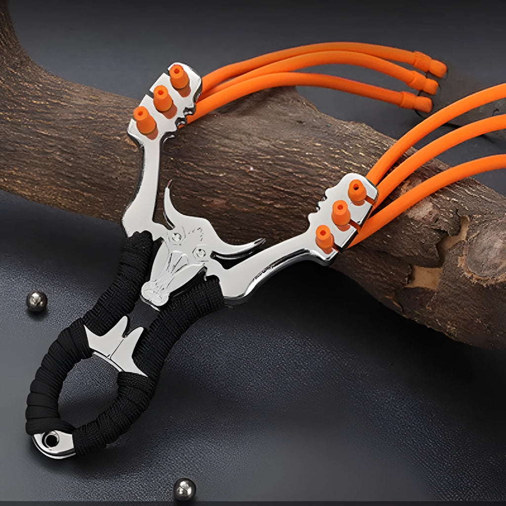Traditional zinc alloy outdoor slingshot with Dawei power card ball bow design for target shooting.