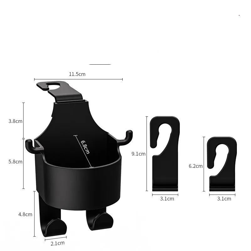 Black plastic car seat back organiser hook with cup holder and hanging hook