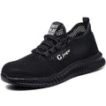 Men's black steel toe work shoes with breathable flyknit upper and low top design