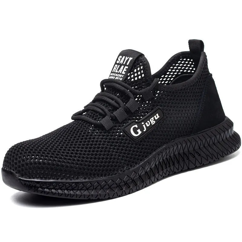 Men's black steel toe work shoes with breathable flyknit upper and low top design