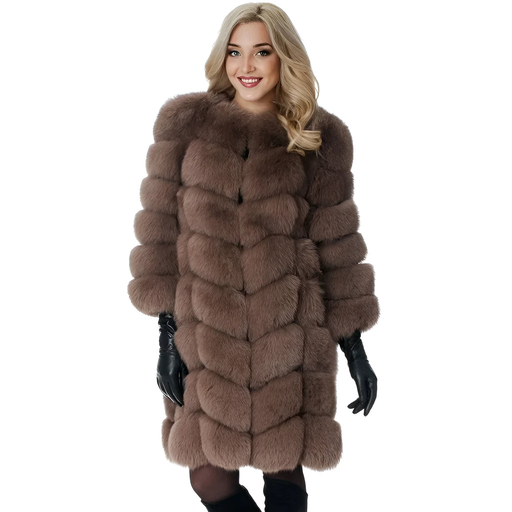 Women's thick artificial fur coat in an 80cm length, shown in a choice of colours.