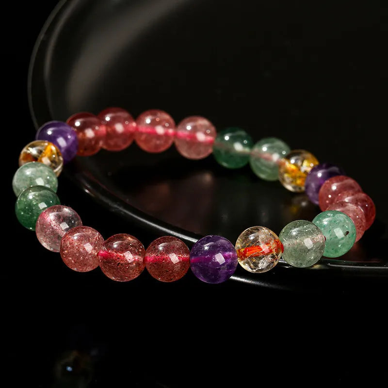 Strawberry quartz and tourmaline gemstone bracelet with round beads in geometry design