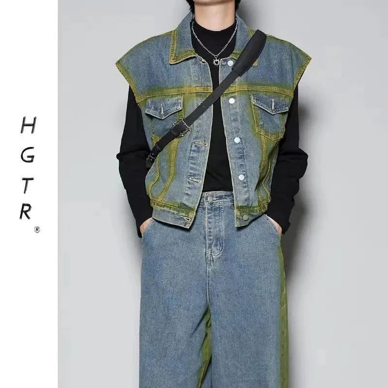 Distressed denim vest and jeans two-piece set with spray colour gradient and fleece lining