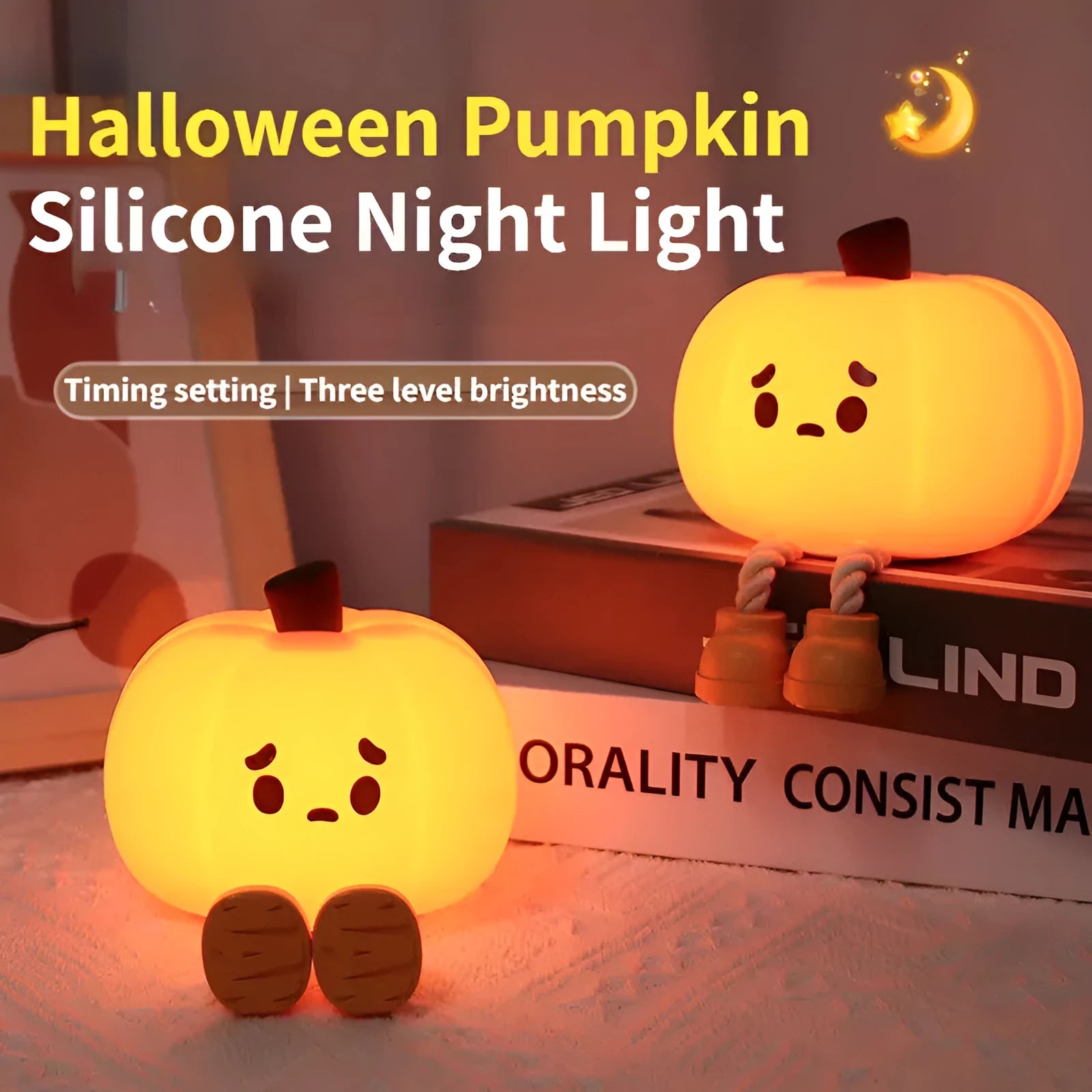 Soft silicone pumpkin-shaped night light with warm yellow glow