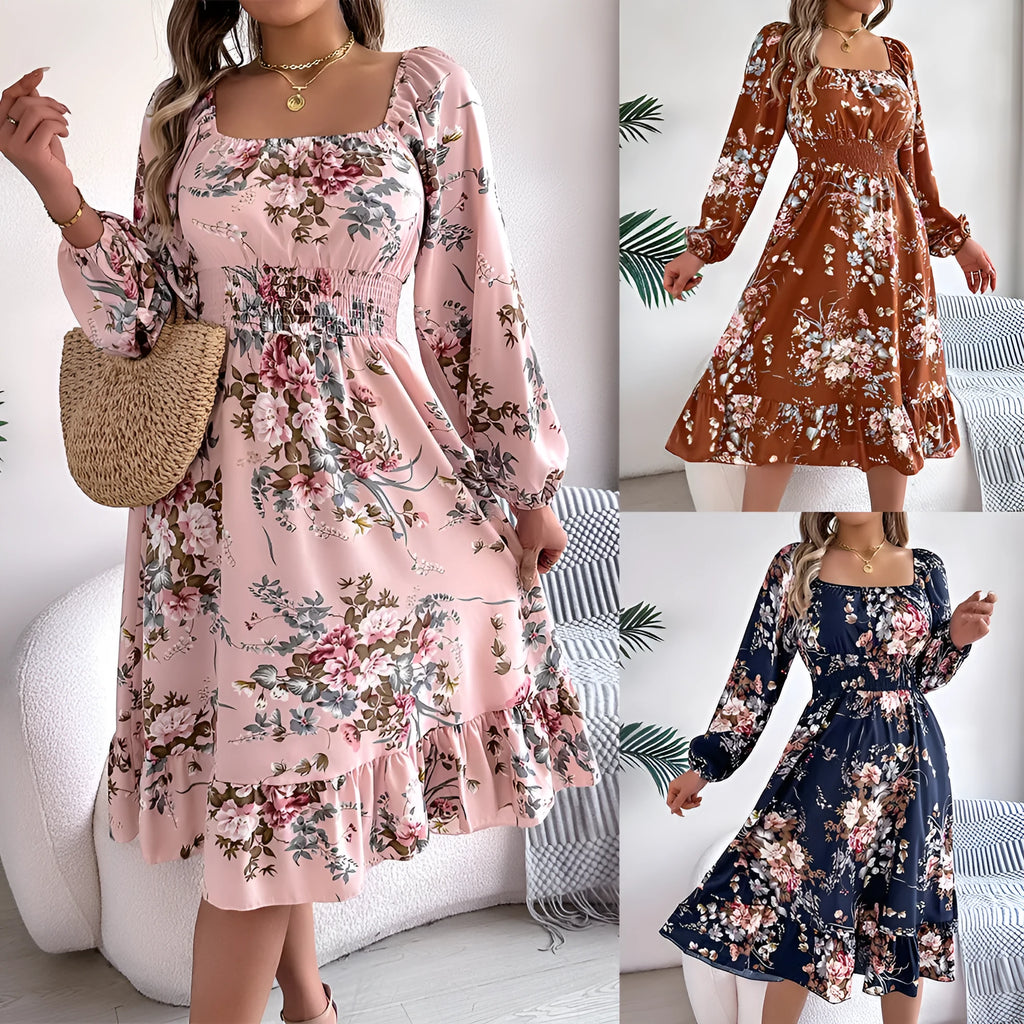 Square collar long sleeve A-line midi dress with ruffles, waist trimming, stretch polyester fabric, brown colour, front view