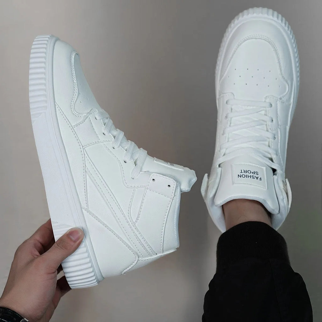Men's white round toe casual shoes with a microfibre upper on a plain background.