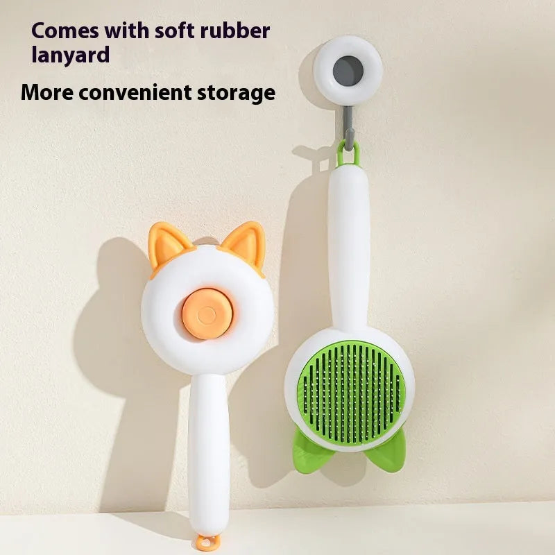 Self-cleaning cat grooming comb with stainless steel teeth in greenish white colour option