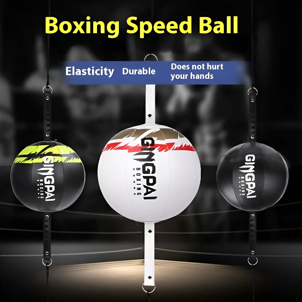 Hanging boxing speed ball for reaction training in black, black and green, or white PU leather.