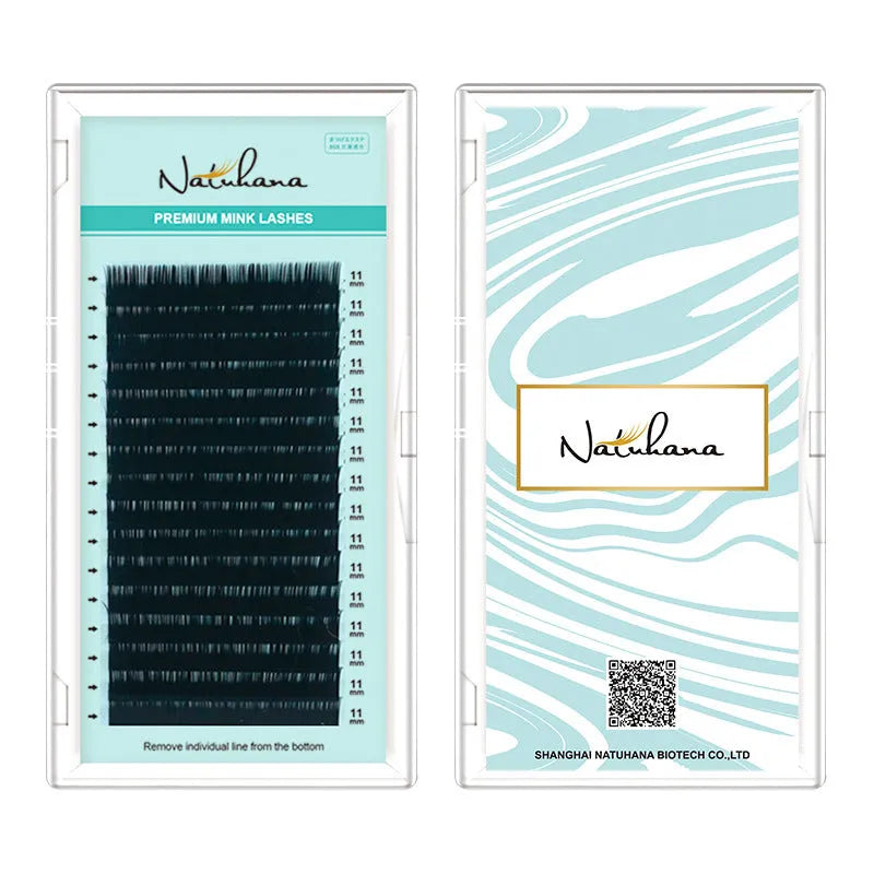 Artificial fibre false eyelashes on a card showing velvet texture and natural curl, with size options from 7mm to 15mm.